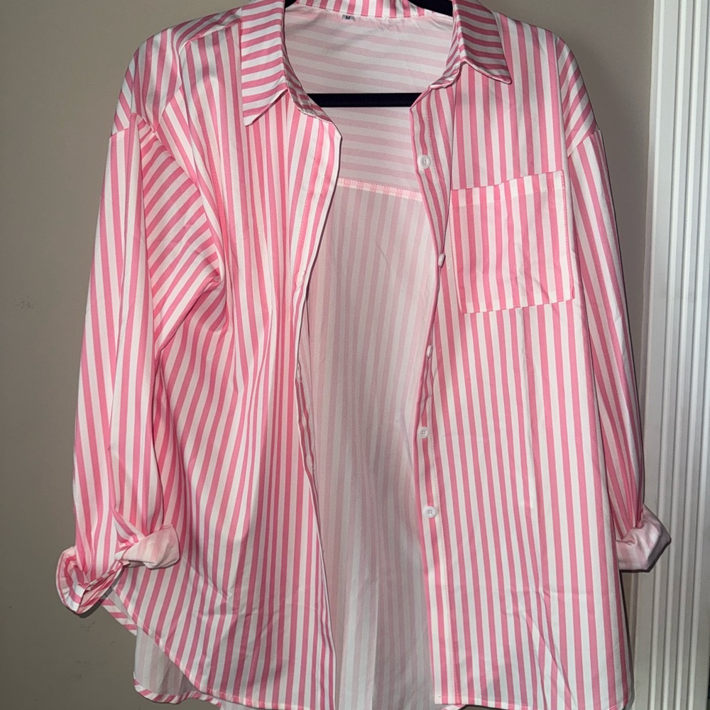 SHEIN Pink and White Striped Shirt